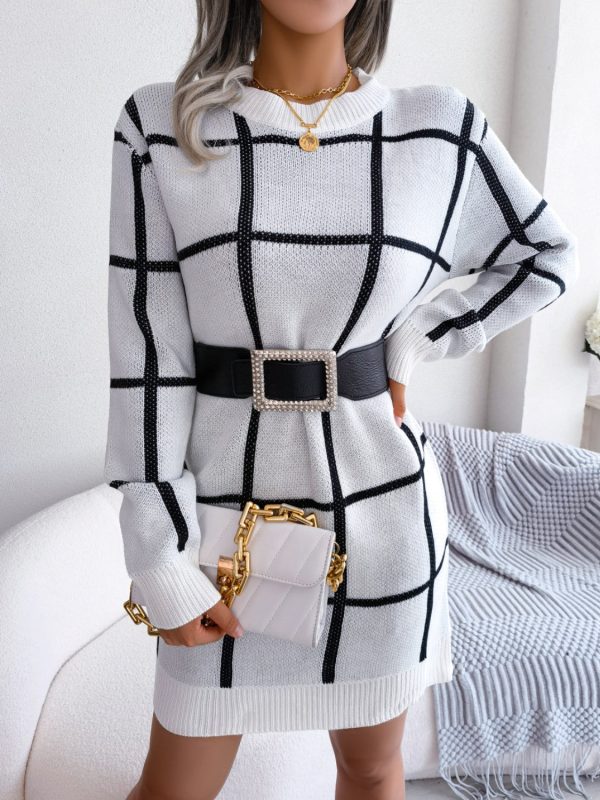 Plaid Round Neck Dropped Shoulder Sweater Dress Discount