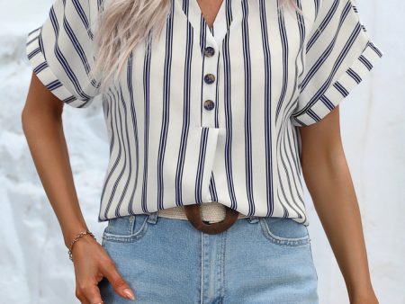 Striped Notched Short Sleeve Blouse Online Sale