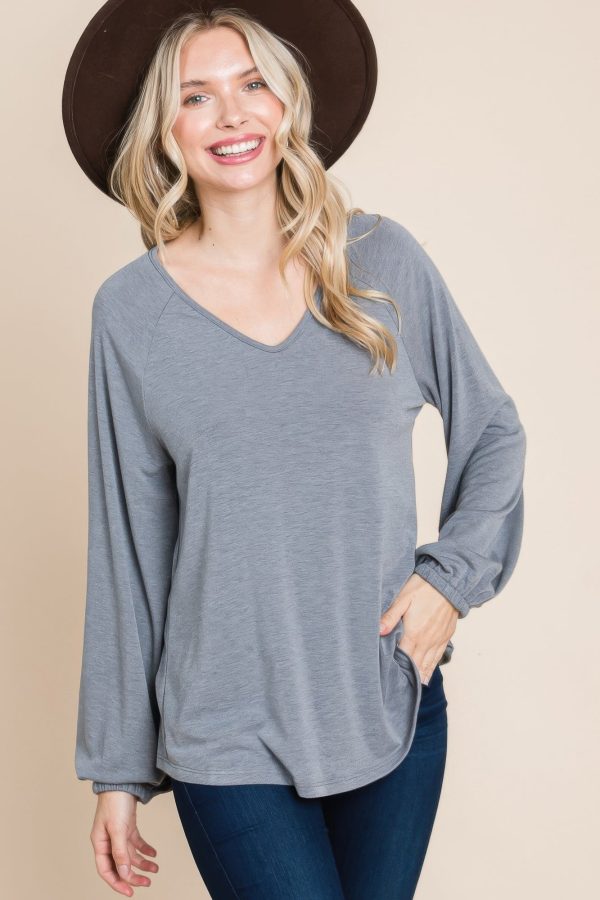 Casual V Neck Basic Long Sleeve Top For Cheap