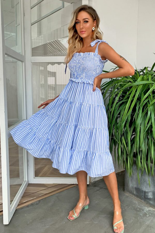 Striped Tie-Shoulder Tiered Dress For Cheap