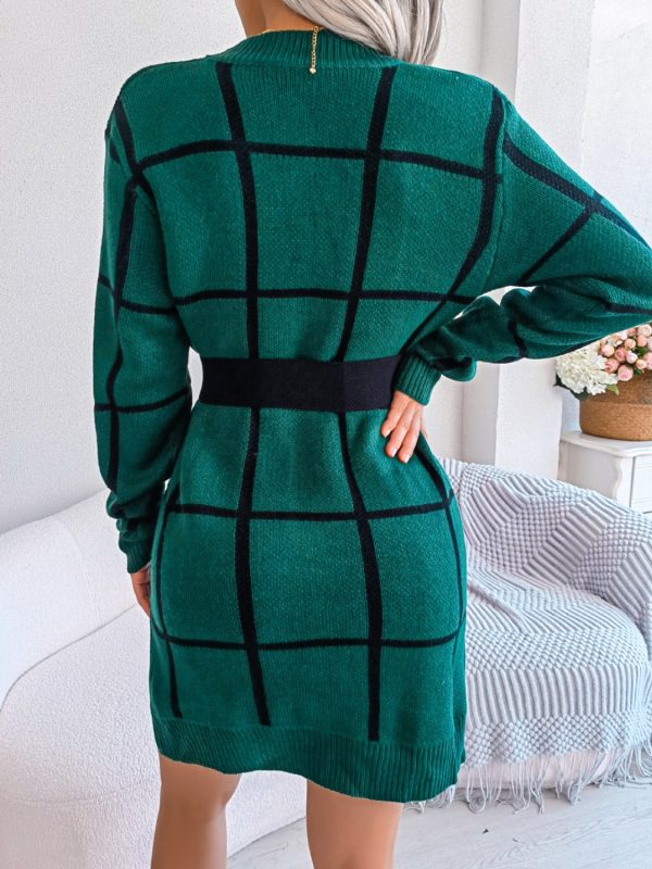 Plaid Round Neck Dropped Shoulder Sweater Dress Discount