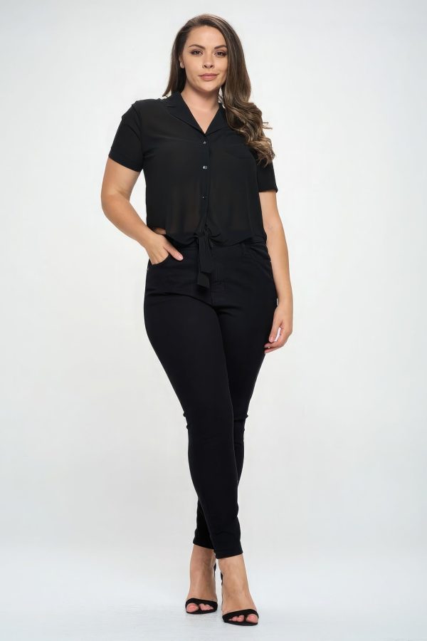 Plus Solid Chiffon Button Down Tie Front Short Sleeve Top For Sale