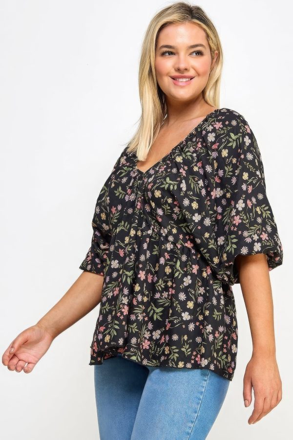 Floral V-neck Babydoll Balloon Slv Top Online now