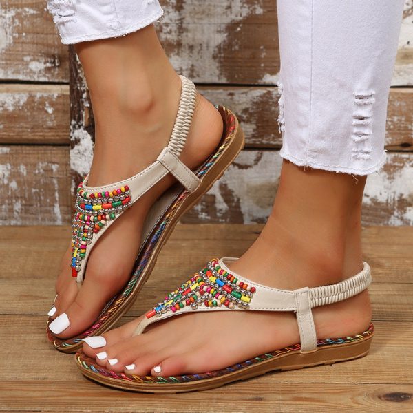 PU Leather Beaded Flat Sandals Online Hot Sale