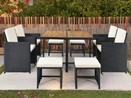 TOPMAX Patio All-Weather PE Wicker Dining Table Set with Wood Tabletop for 8, Black Rattan+Beige Cushion (9-Piece) Discount