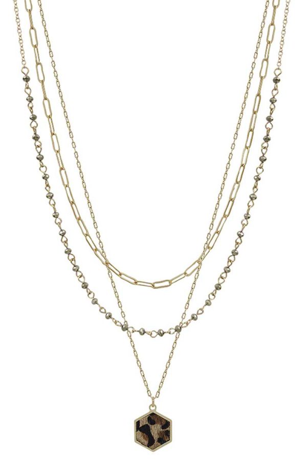 3 Layered Metal Crystal Bead Chain Hexagon Leopard Pendant Necklace Online Hot Sale