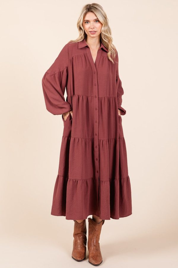 Mittoshop Tiered Button Down Long Sleeve Midi Dress Fashion