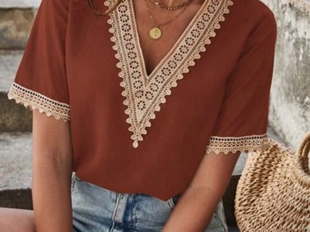 Full Size Lace Detail V-Neck Short Sleeve Blouse For Sale