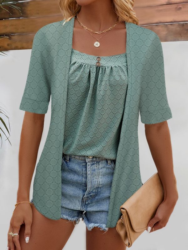 Full Size Faux Layered Decorative Button Half Sleeve Blouse For Discount