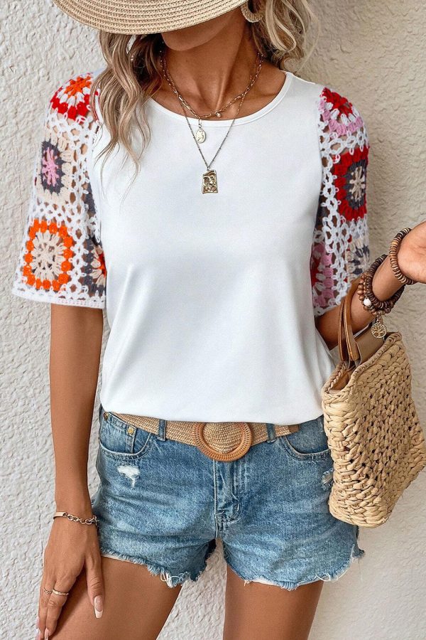 Geometric Round Neck Short Sleeve Blouse For Cheap