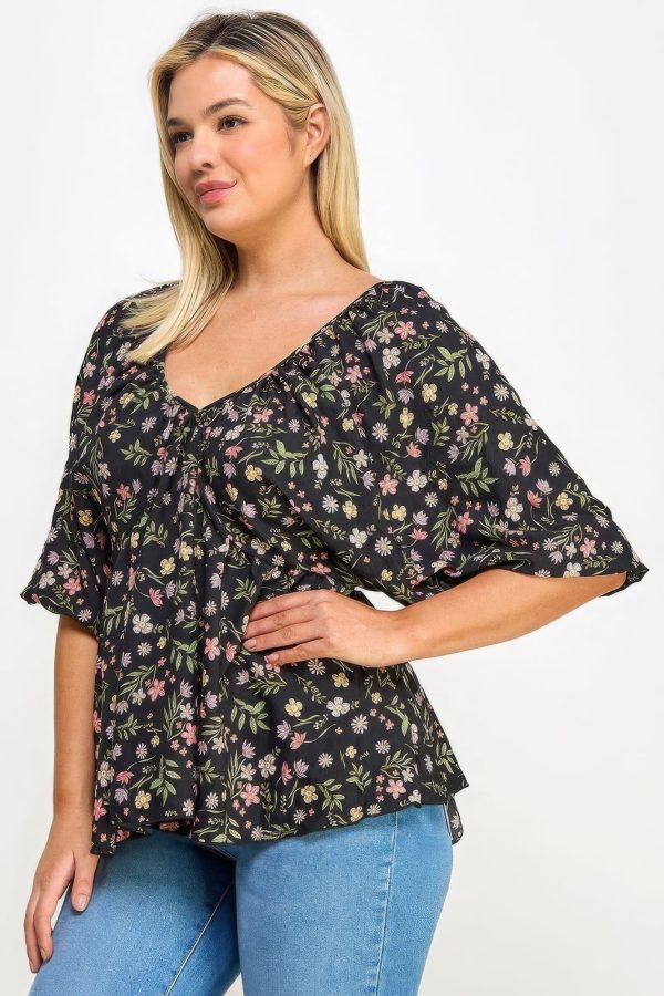 Floral V-neck Babydoll Balloon Slv Top Online now