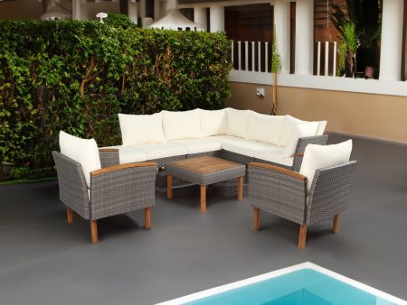 9-piece Patio rattan furniture set with Acacia wooden legs and tabletop sofa set, coffee table washable cushion beige For Sale