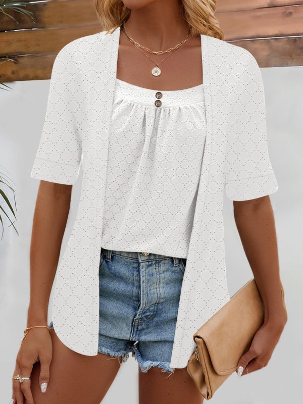 Full Size Faux Layered Decorative Button Half Sleeve Blouse For Discount