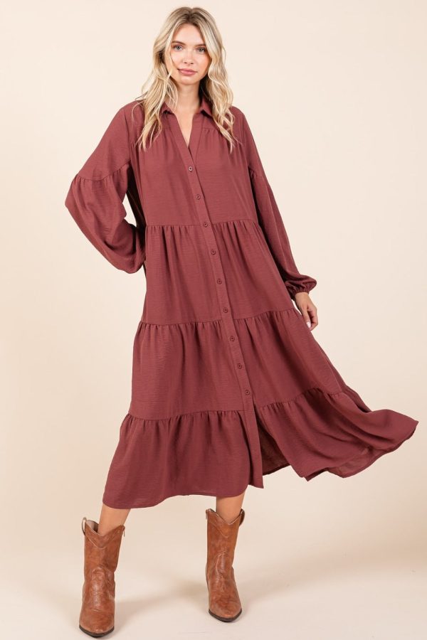 Mittoshop Tiered Button Down Long Sleeve Midi Dress Fashion