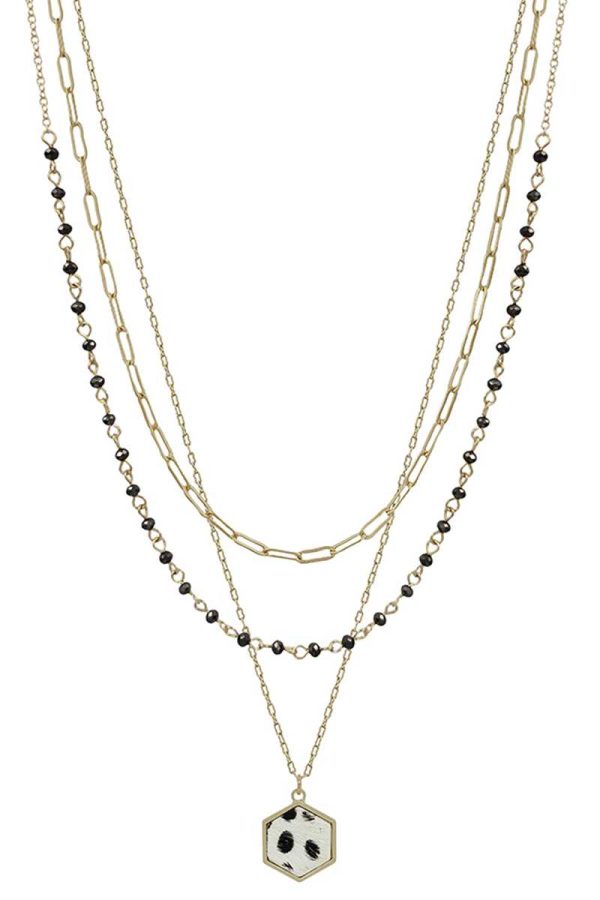 3 Layered Metal Crystal Bead Chain Hexagon Leopard Pendant Necklace Online Hot Sale