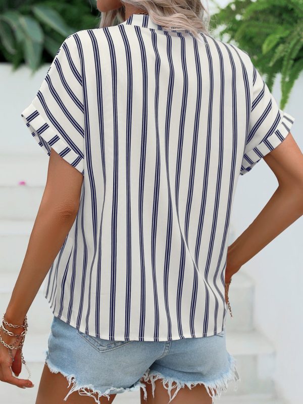 Striped Notched Short Sleeve Blouse Online Sale