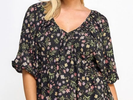 Floral V-neck Babydoll Balloon Slv Top Online now