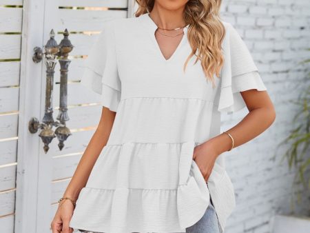 Tiered Notched Short Sleeve Blouse Sale