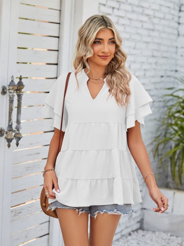 Tiered Notched Short Sleeve Blouse Sale