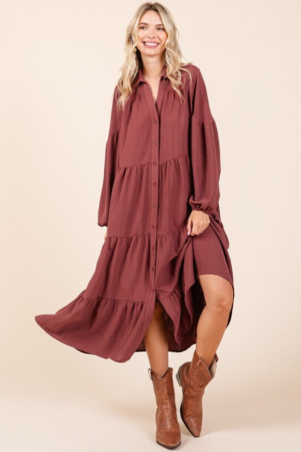 Mittoshop Tiered Button Down Long Sleeve Midi Dress Fashion