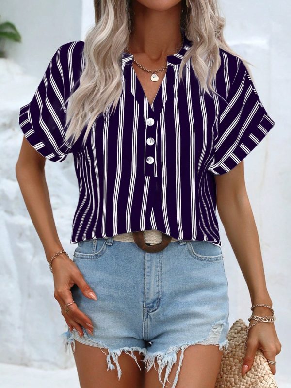 Striped Notched Short Sleeve Blouse Online Sale