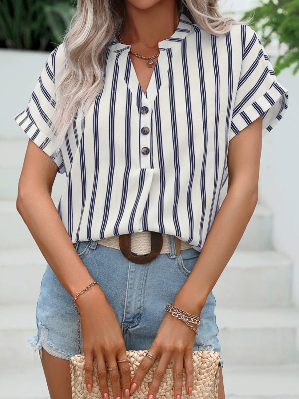 Striped Notched Short Sleeve Blouse Online Sale