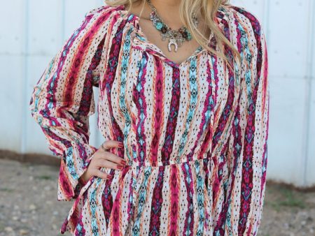 Multicolour Western Print Split Neck Peplum Blouse on Sale