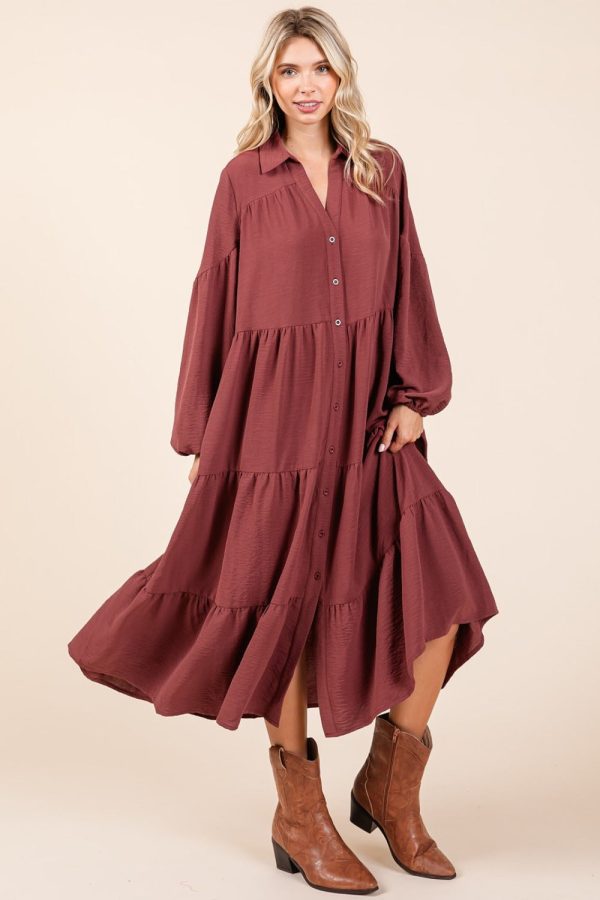 Mittoshop Tiered Button Down Long Sleeve Midi Dress Fashion