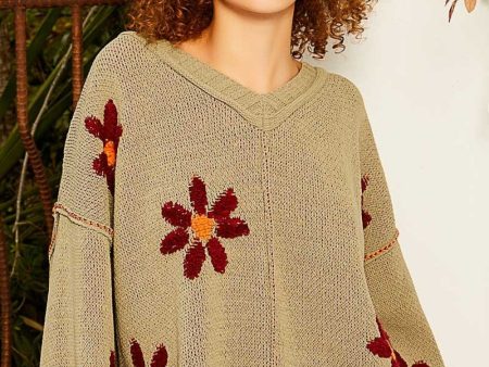 POL V-Neck Floral Pattern Chenille Sweater Fashion