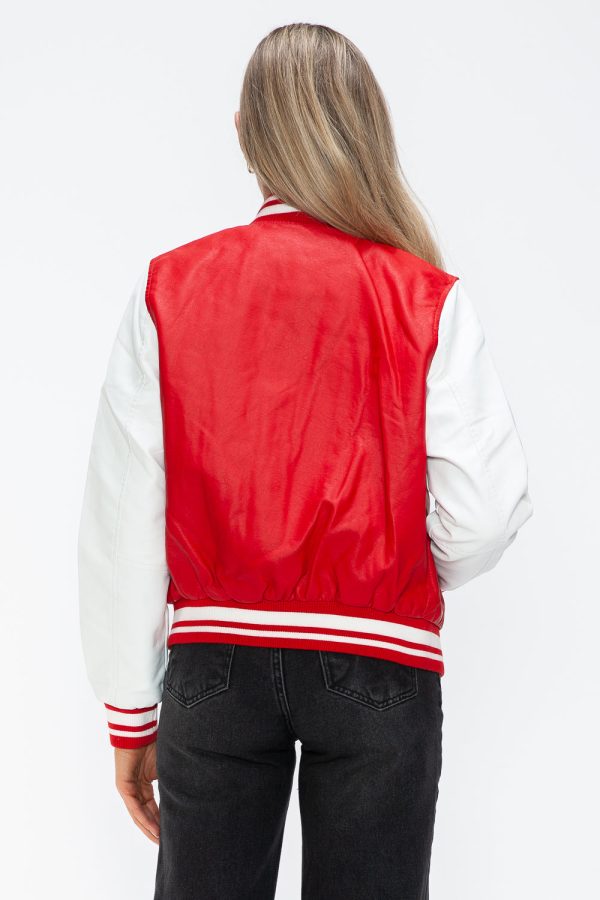 Love Me Now PU Leather Contrast Snap Down Bomber Jacket Hot on Sale