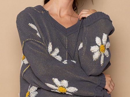 POL Floral Pattern Hooded High-Low Sweater on Sale