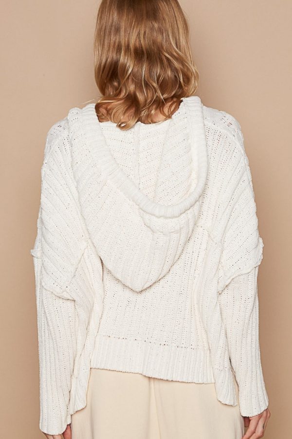 POL Rib Weave Sleeves Hooded Cable Knit Sweater Cheap