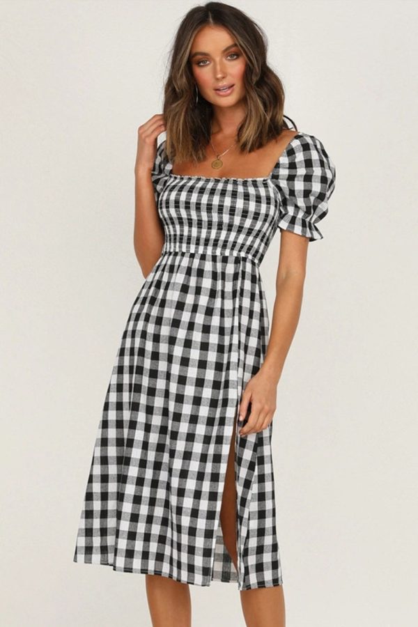 Full Size Slit Plaid Short Sleeve Midi Dress For Sale