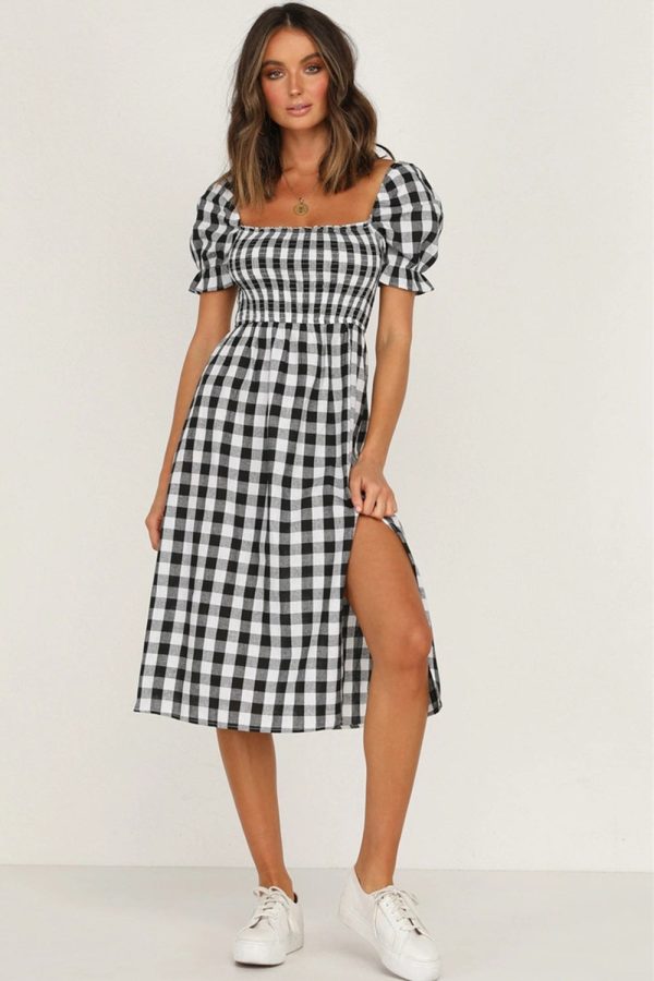 Full Size Slit Plaid Short Sleeve Midi Dress For Sale