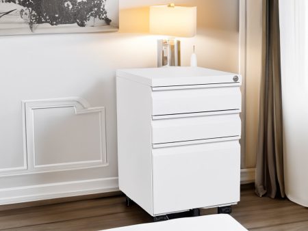 Locked three drawer storage mobile metal filing cabinet, pre assembled filing cabinet, except for wheels under the table (white) Sale