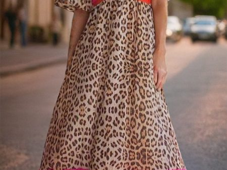 Full Size Leopard V-Neck Half Sleeve Maxi Dress Supply