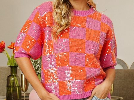 BiBi Checkered Short Sleeve Sequin Sweater Online