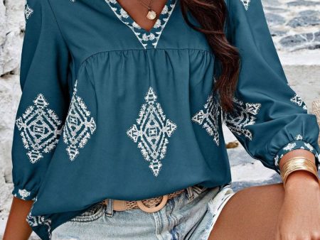 Printed V-Neck Three-Quarter Sleeve Blouse Cheap