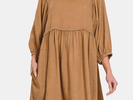 Zenana Washed Linen Pleated Puff Sleeve Babydoll Dress Online Hot Sale