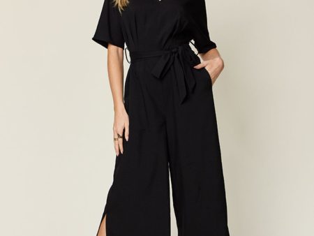 Double Take Full Size V-Neck Tied Side Slit Jumpsuit Online Sale