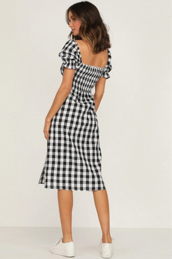 Full Size Slit Plaid Short Sleeve Midi Dress For Sale