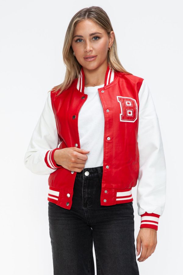 Love Me Now PU Leather Contrast Snap Down Bomber Jacket Hot on Sale