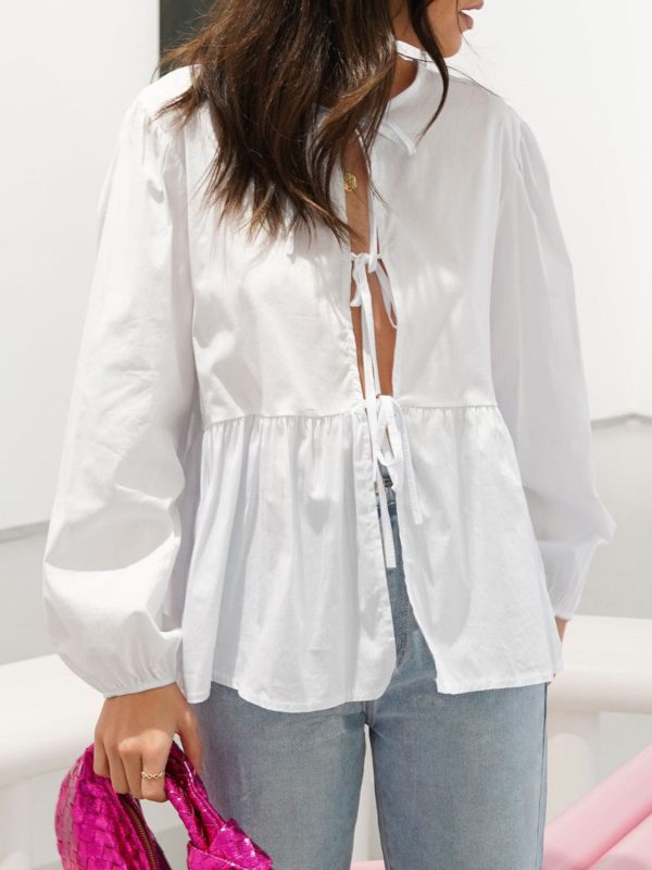 Tied Round Neck Long Sleeve Blouse For Discount